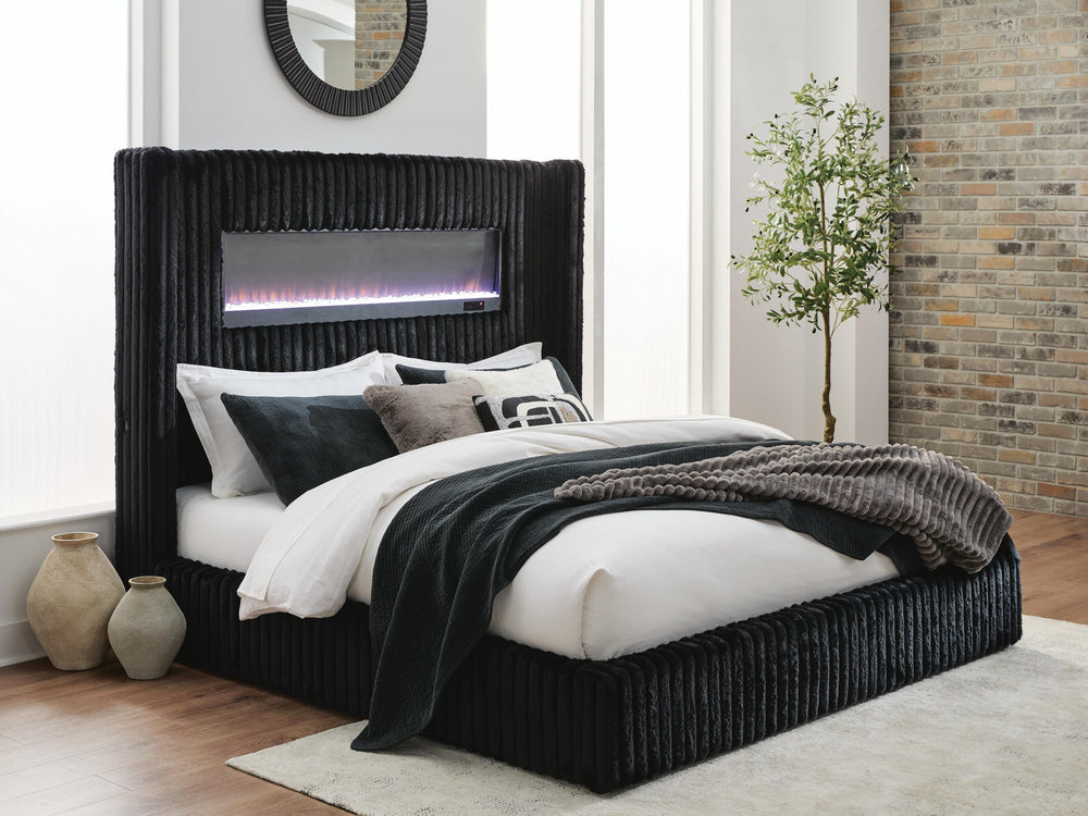 Tayleena King Upholstered Bed with Fireplace and Wireless Audio - Black (8)