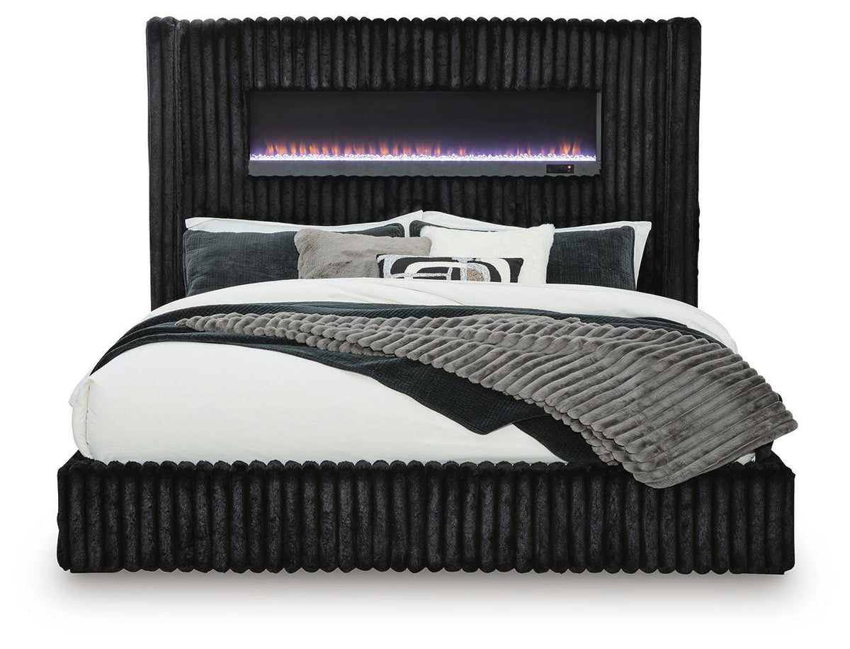 Tayleena King Upholstered Bed with Fireplace and Wireless Audio - Black (1)