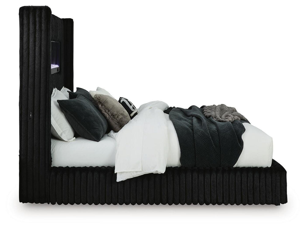 Tayleena King Upholstered Bed with Fireplace and Wireless Audio - Black (4)