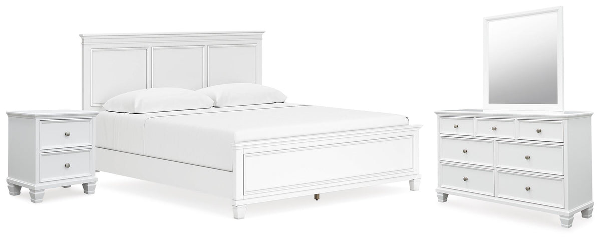 Fortman King Panel Bed, Dresser, Mirror and Nightstand - White (1)
