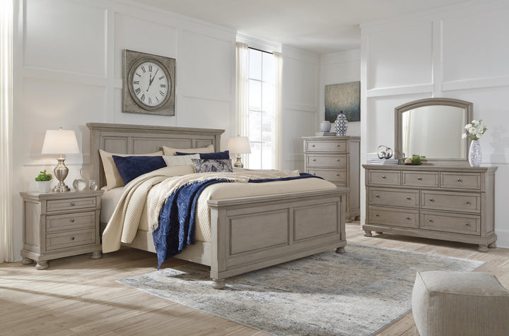 Lettner King Panel Bed, Dresser, Mirror and 2 Nightstands - Light Gray (6)