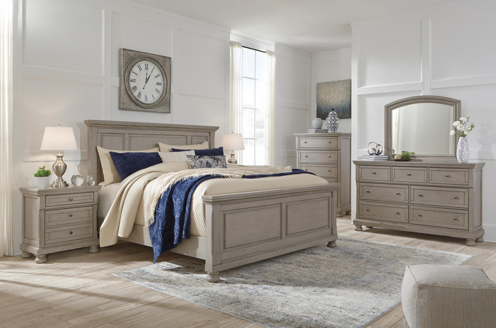 Lettner King Panel Bed, Dresser, Mirror and 2 Nightstands - Light Gray (6)