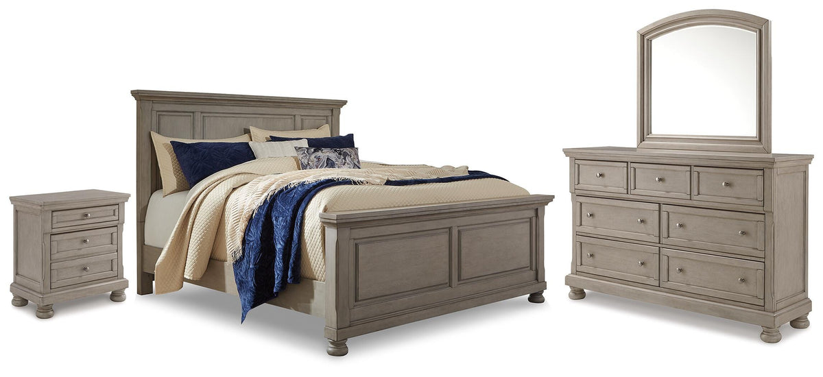 Lettner King Panel Bed with Dresser, Mirror and Nightstand - Light Gray (1)