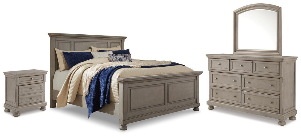 Lettner King Panel Bed with Dresser, Mirror and Nightstand - Light Gray (1)