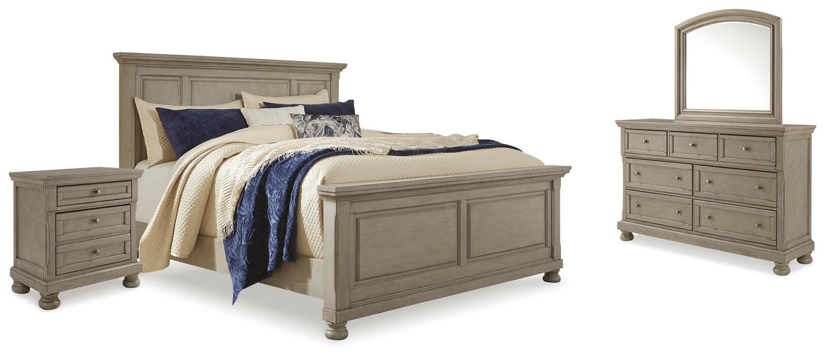 Lettner King Panel Bed, Dresser, Mirror and 2 Nightstands - Light Gray (1)