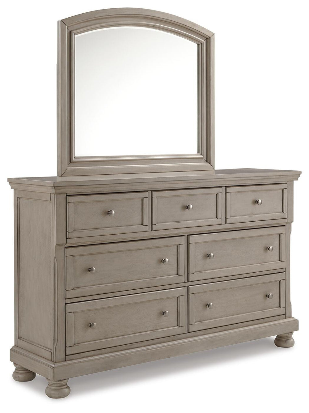 Lettner King Panel Bed, Dresser, Mirror and 2 Nightstands - Light Gray (2)