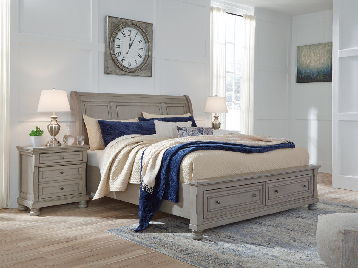 Lettner King Sleigh Bed with 2 Storage Drawers - Light Gray (2)