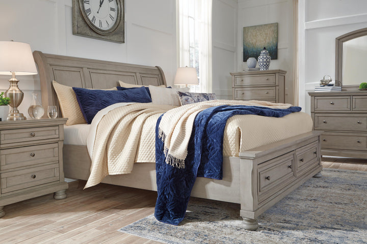 Lettner King Sleigh Bed with 2 Storage Drawers - Light Gray (3)