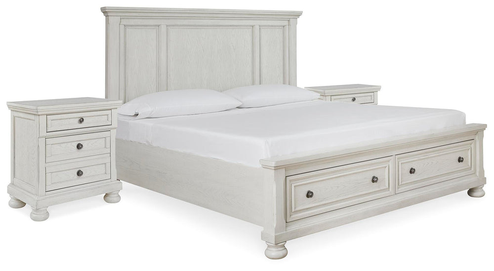 Robbinsdale King Storage Bed and 2 Nightstands - Antique White (1)