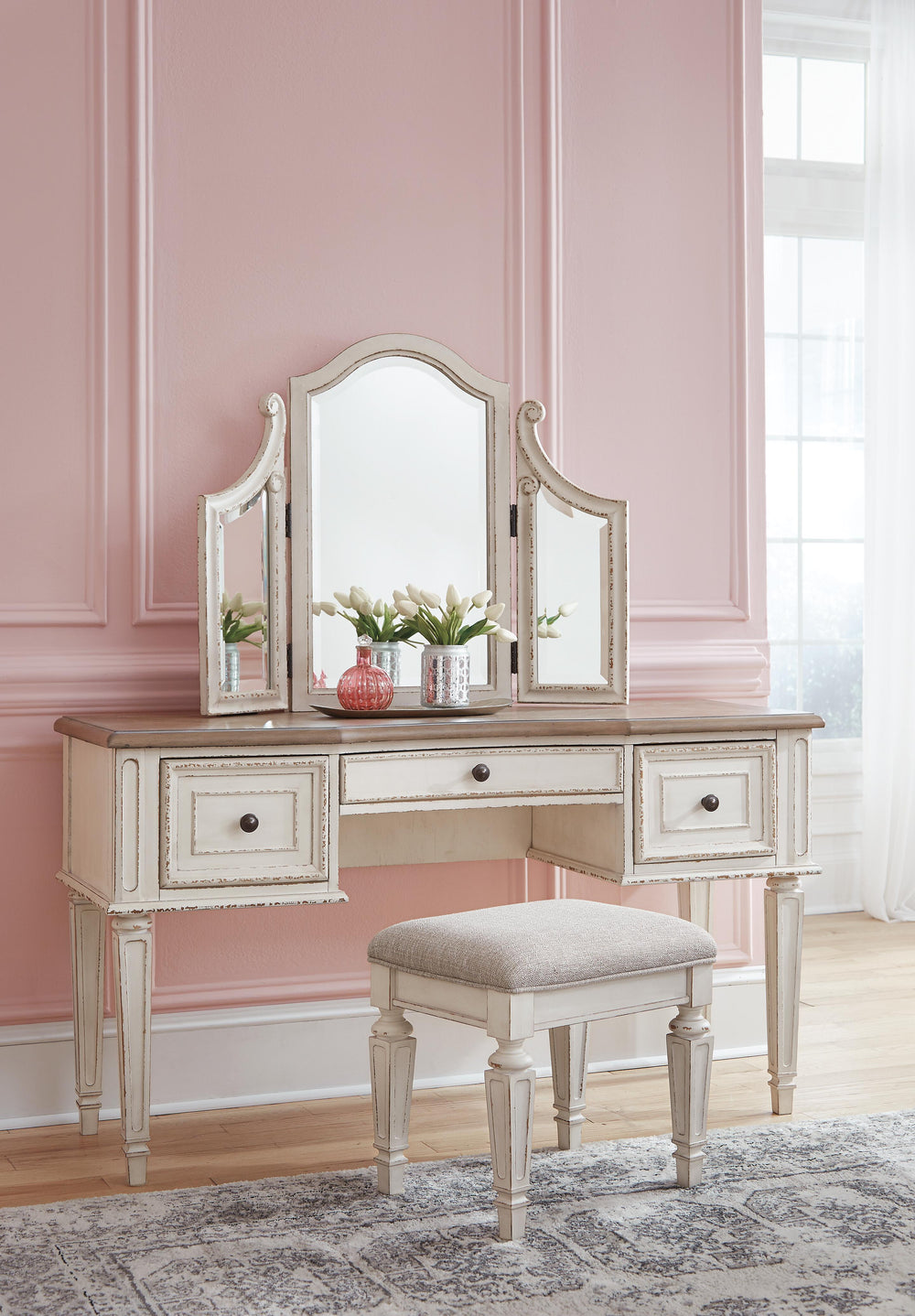 Realyn Vanity and Mirror with Stool - White (3)