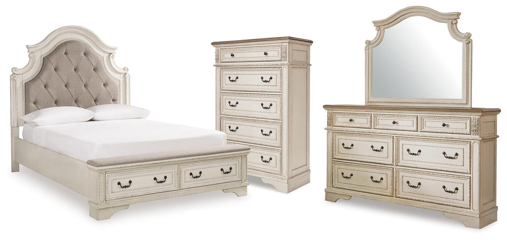 Realyn Queen Upholstered Panel Bed, Dresser, Mirror and Chest (1)