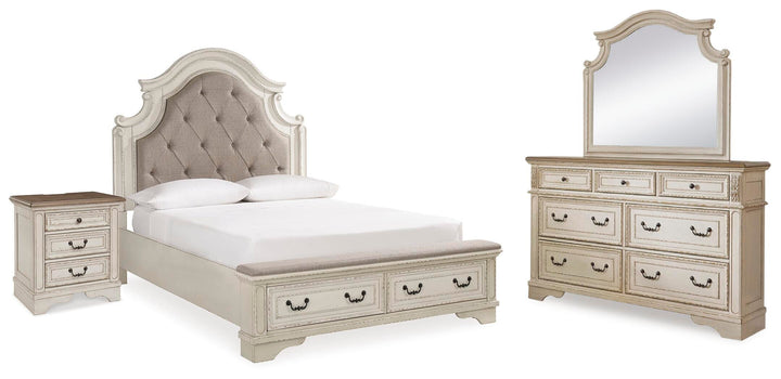 Realyn Queen Upholstery Panel Bed, Dresser, Mirror and Nightstand - Two-tone (1)
