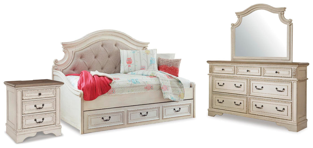 Realyn Twin Day Bed with Storage, Dresser, Mirror and Nightstand (1)