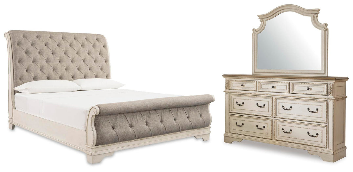 Realyn Queen Upholstered Sleigh Bed, Dresser and Mirror (1)
