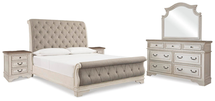 Realyn King Upholstered Sleigh Bed, Dresser, Mirror and 2 Nightstands - Two-tone (1)