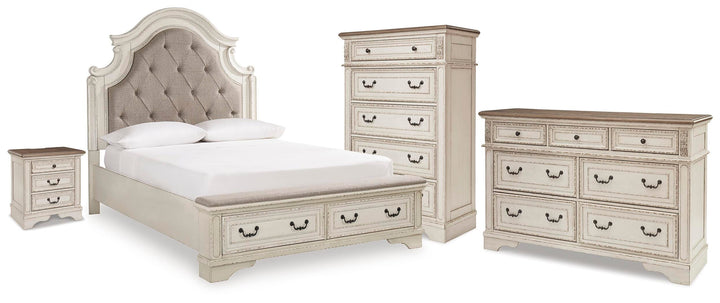 Realyn Queen Upholstered Storage Bed, Dresser, Chest and Nightstand (1)