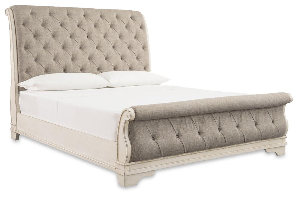 Realyn Queen Upholstered Sleigh Bed, Dresser and Mirror (4)