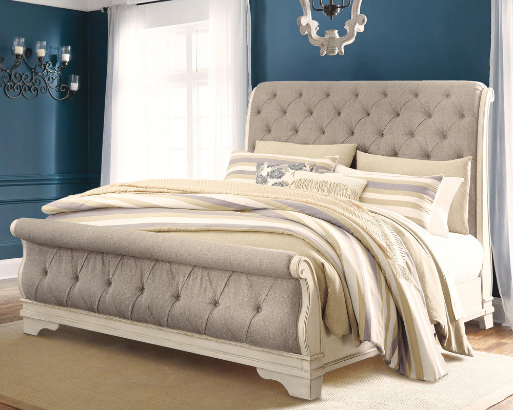 Realyn King Upholstered Sleigh Bed, Dresser, Mirror and 2 Nightstands - Two-tone (15)
