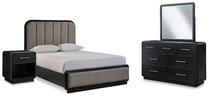 Rowanbeck Queen Upholstered Panel Bed, Dresser, Mirror and Nightstand (1)
