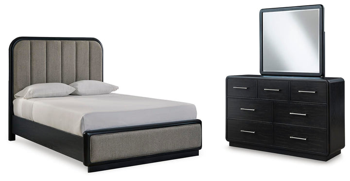 Rowanbeck Queen Upholstered Panel Bed, Dresser and Mirror - Black (1)