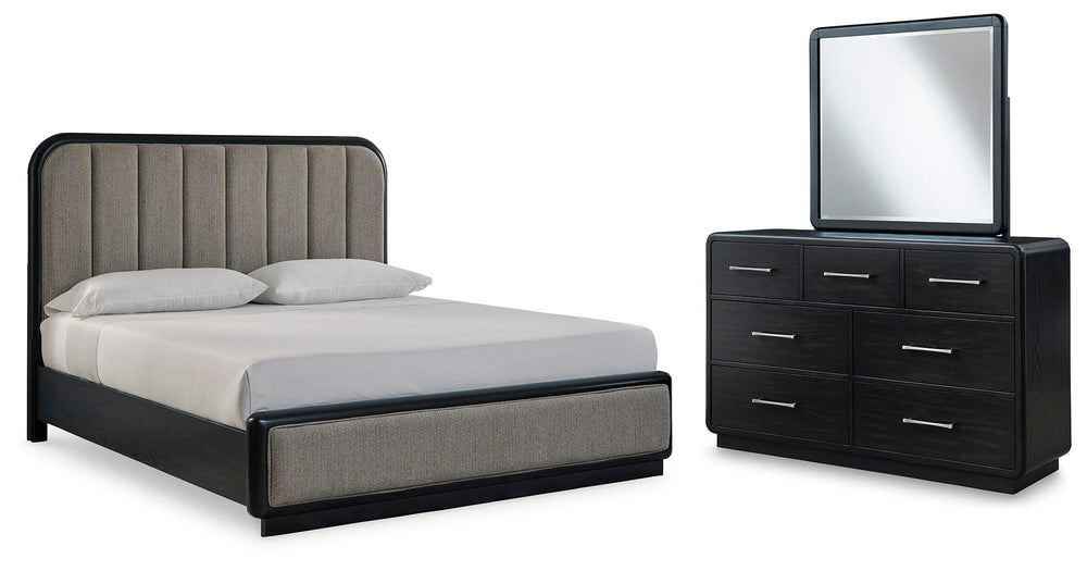 Rowanbeck King Upholstered Panel Bed, Dresser and Mirror - Black (1)