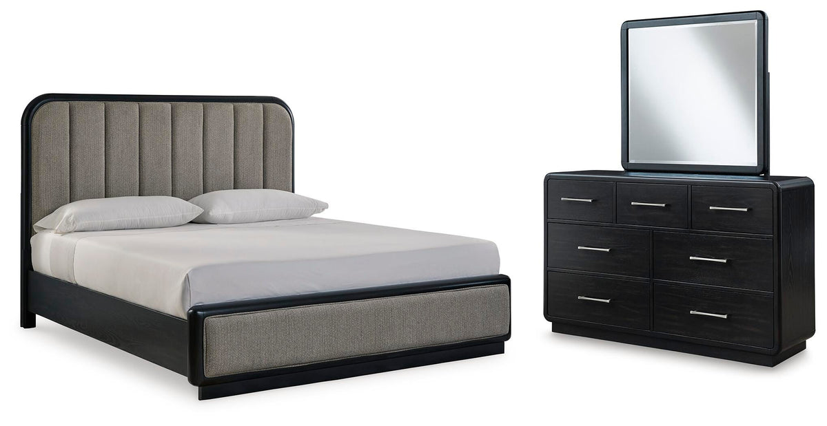 Rowanbeck California King Upholstered Panel Bed, Dresser and Mirror - Black (1)