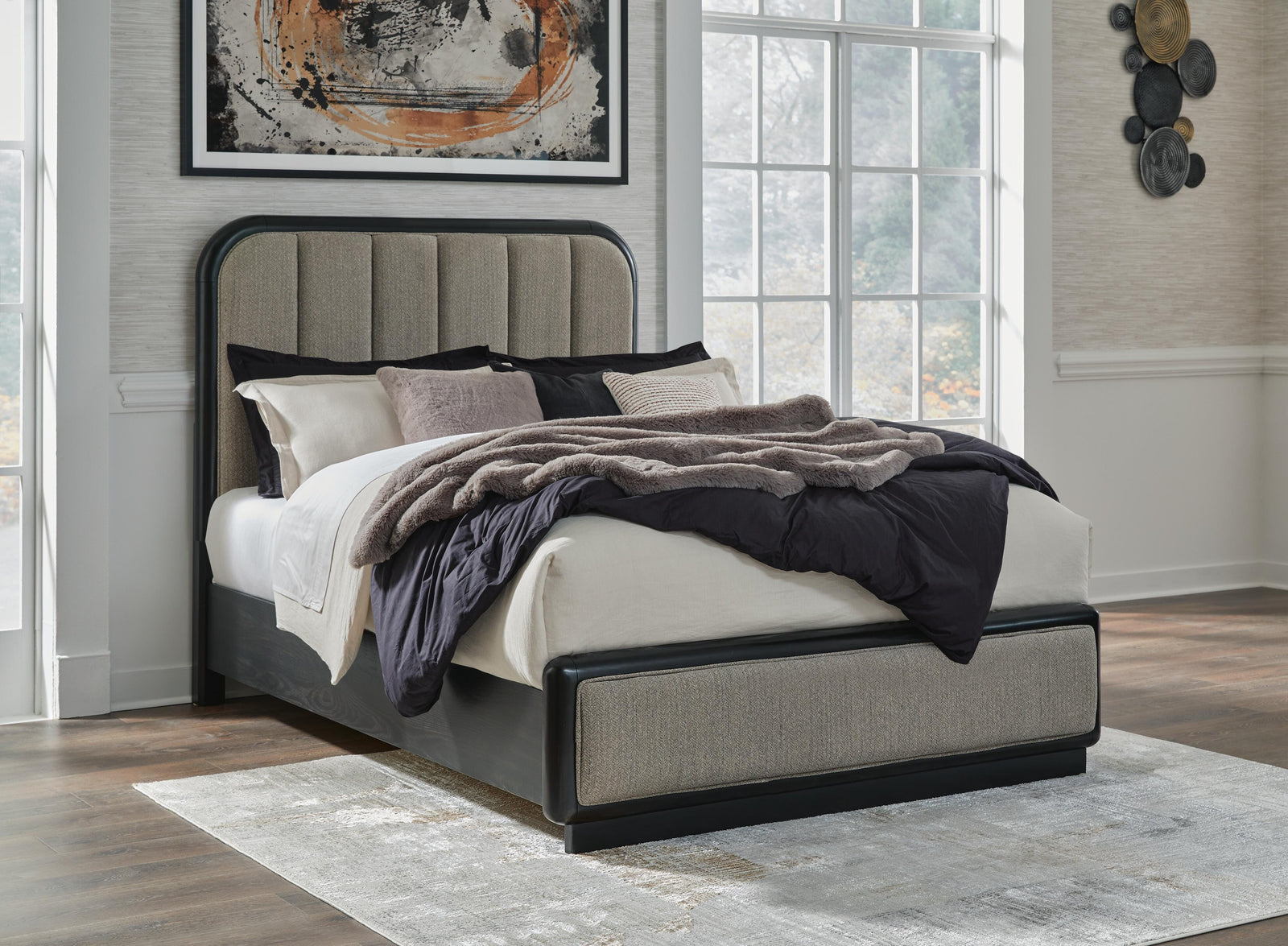 Rowanbeck Queen Upholstered Panel Bed - Dark Gray (2)