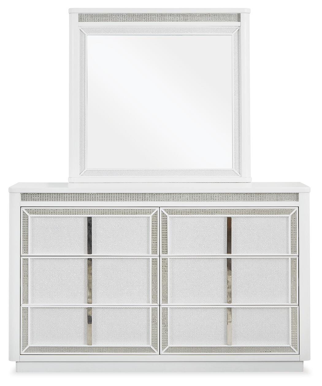Chalanna Queen Upholstered Storage Bed, Dresser and Mirror - White (2)