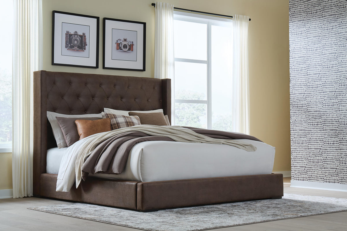 Lavernty King Upholstered Storage Bed - Coffee