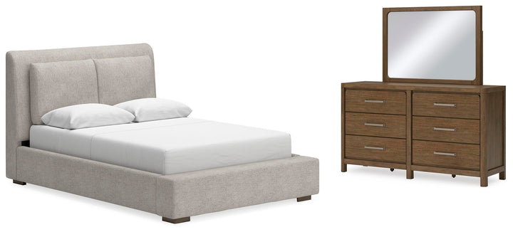 Cabalynn Queen Upholstered Bed, Dresser and Mirror - Light Brown (1)