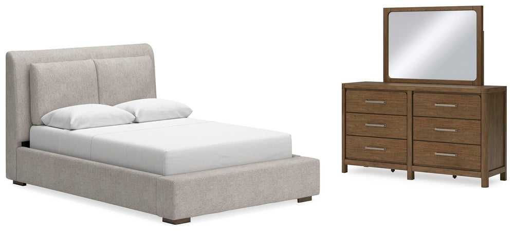 Cabalynn Queen Upholstered Bed, Dresser and Mirror - Light Brown (1)