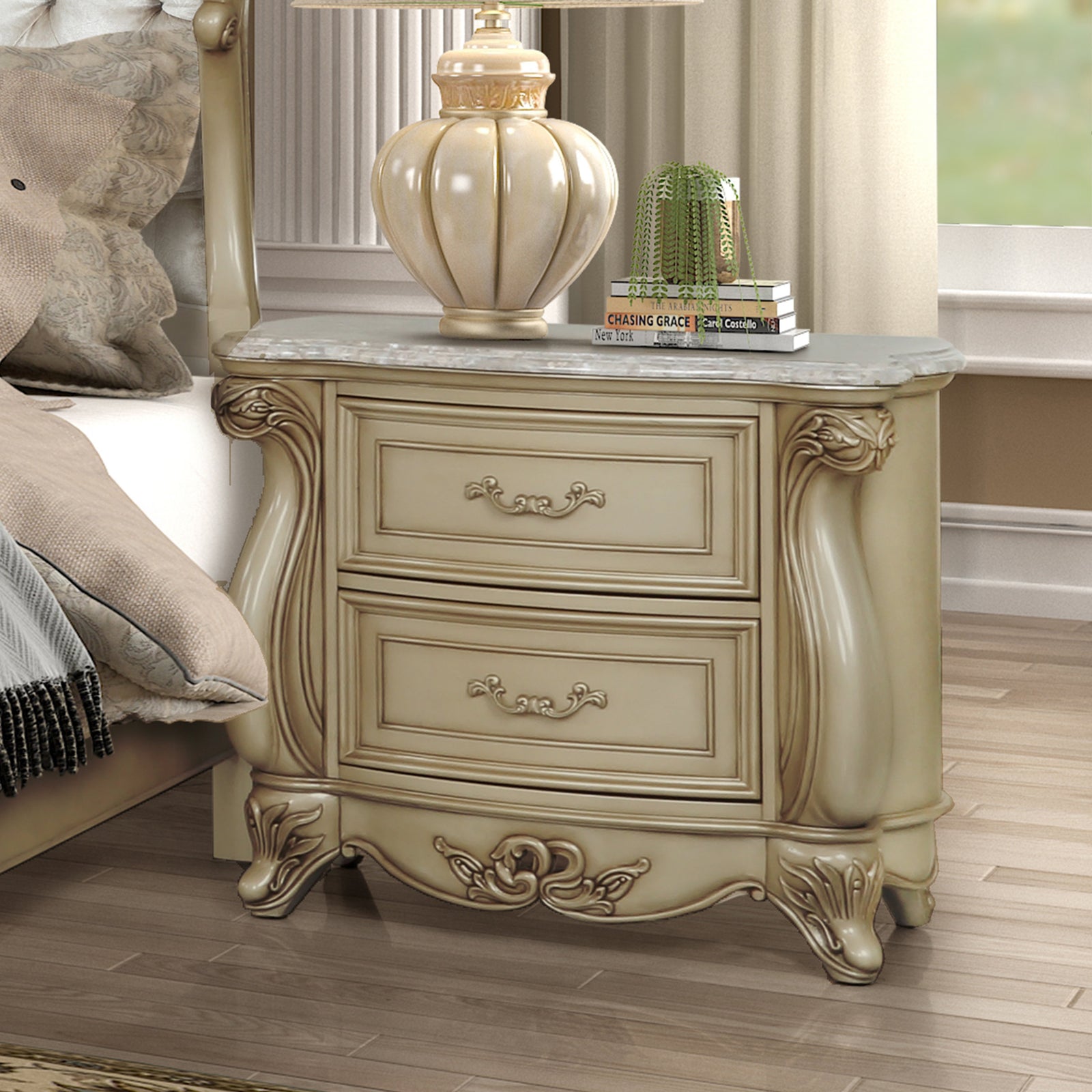 Monique Nightstand W/marble Top-Champagne