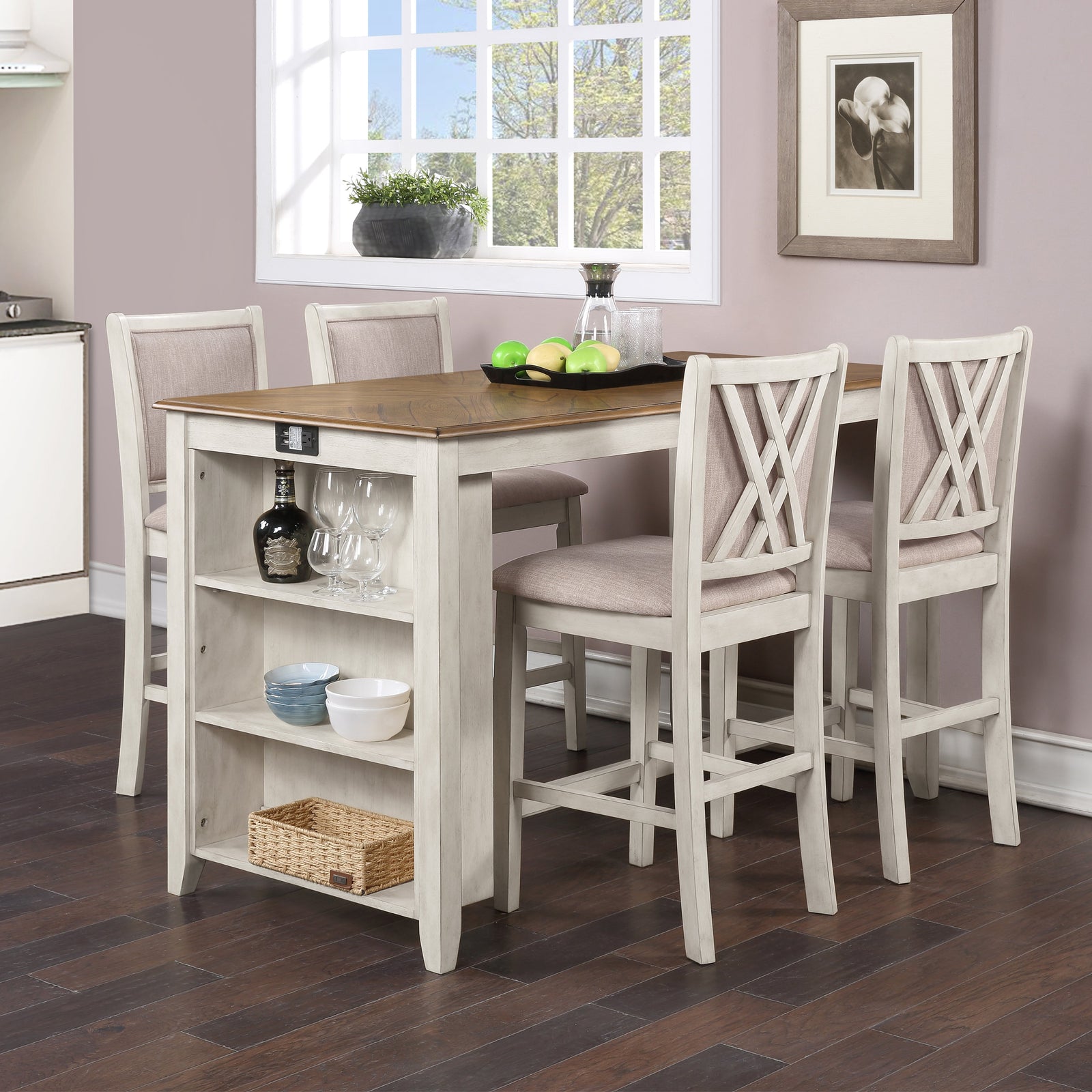 Amy 5 Pc 60" Counter Storage Table+chairs- Bisque/brown