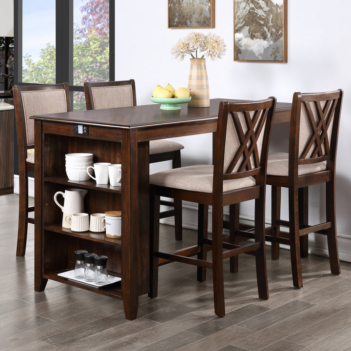 Amy 5 Pc 60" Counter Storage Table+chairs-Brown Cherry