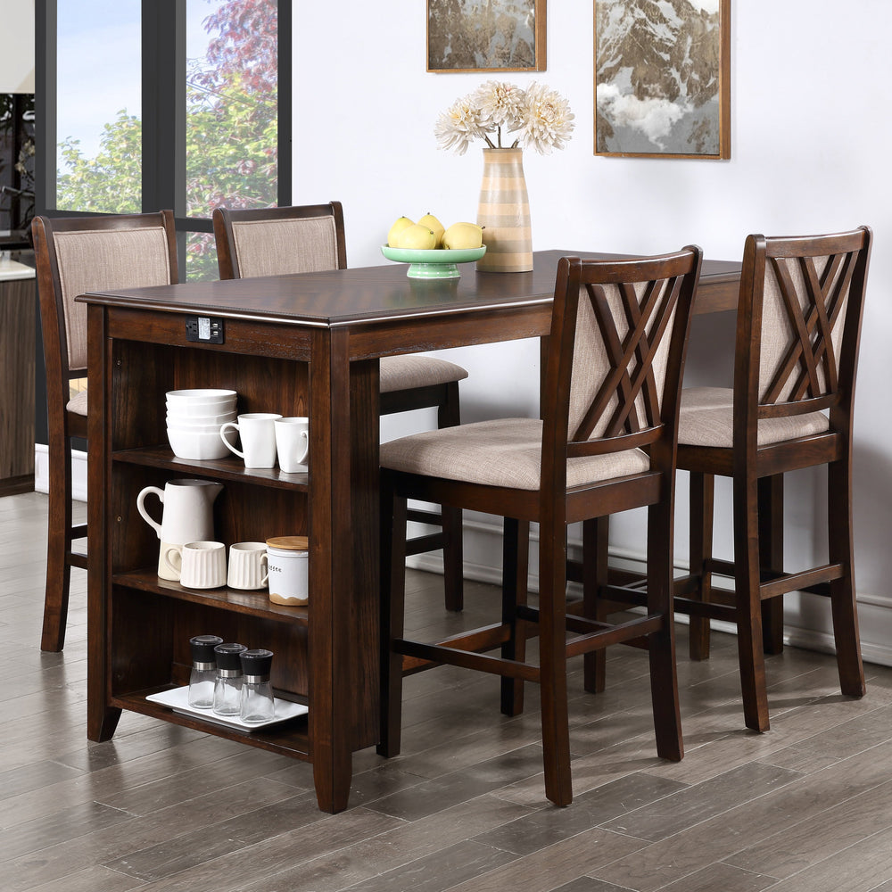 Amy 5 Pc 60" Counter Storage Table+chairs-Brown Cherry