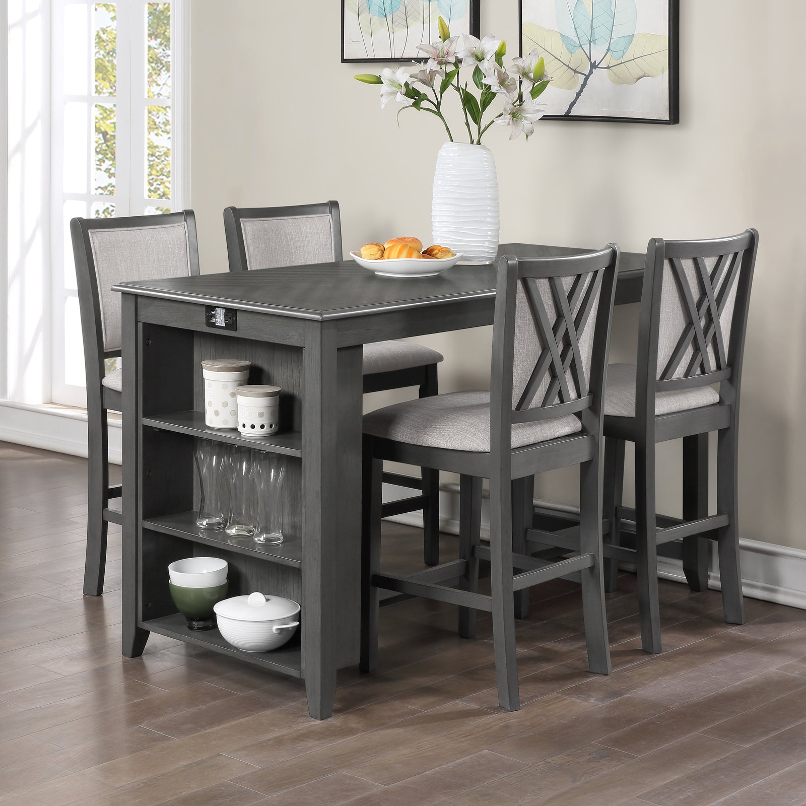 Amy 5 Pc 60" Counter Storage Table+chairs-Gray