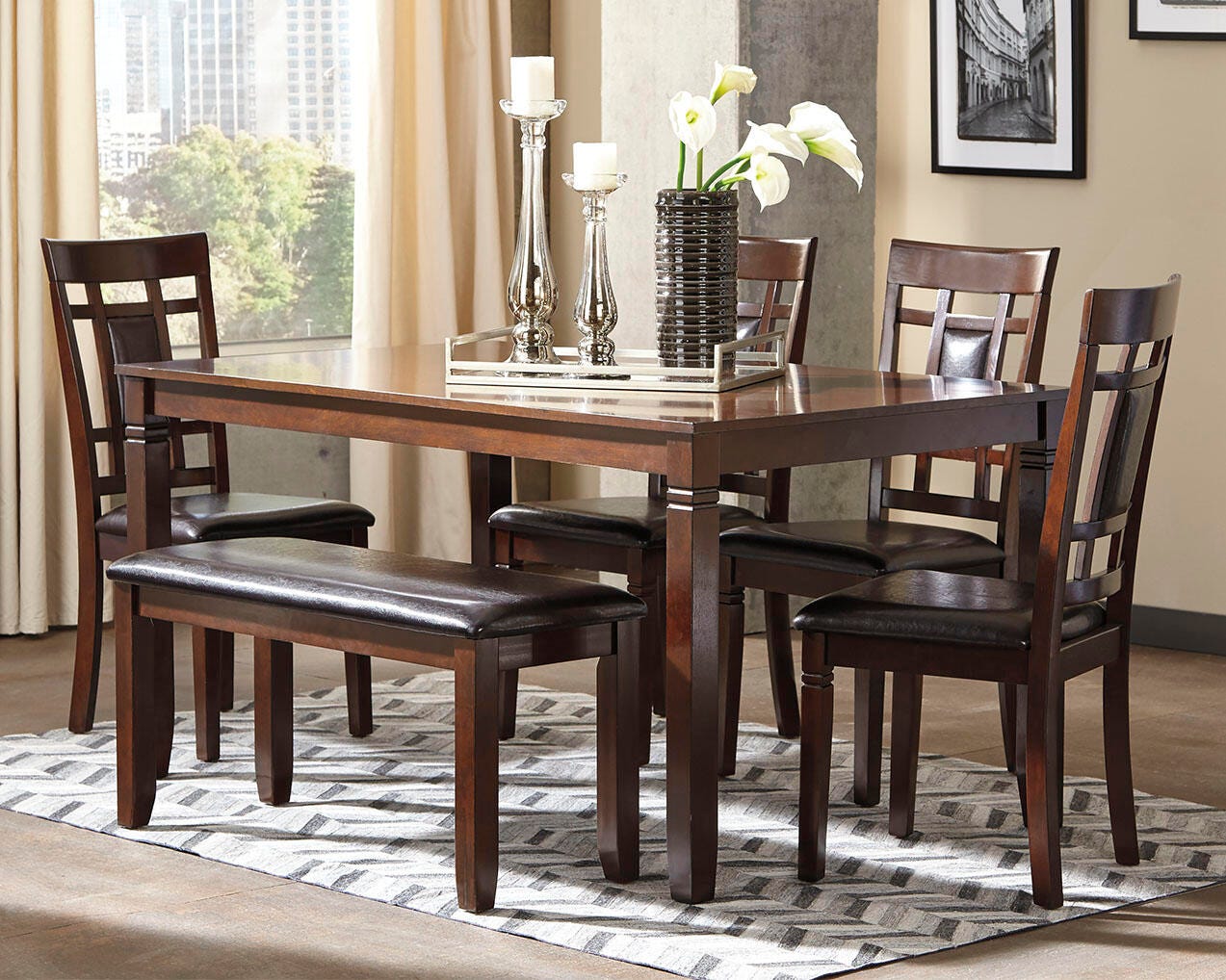 Bennox Dining Table and Chairs with Bench (Set of 6) - Dark Brown (1)