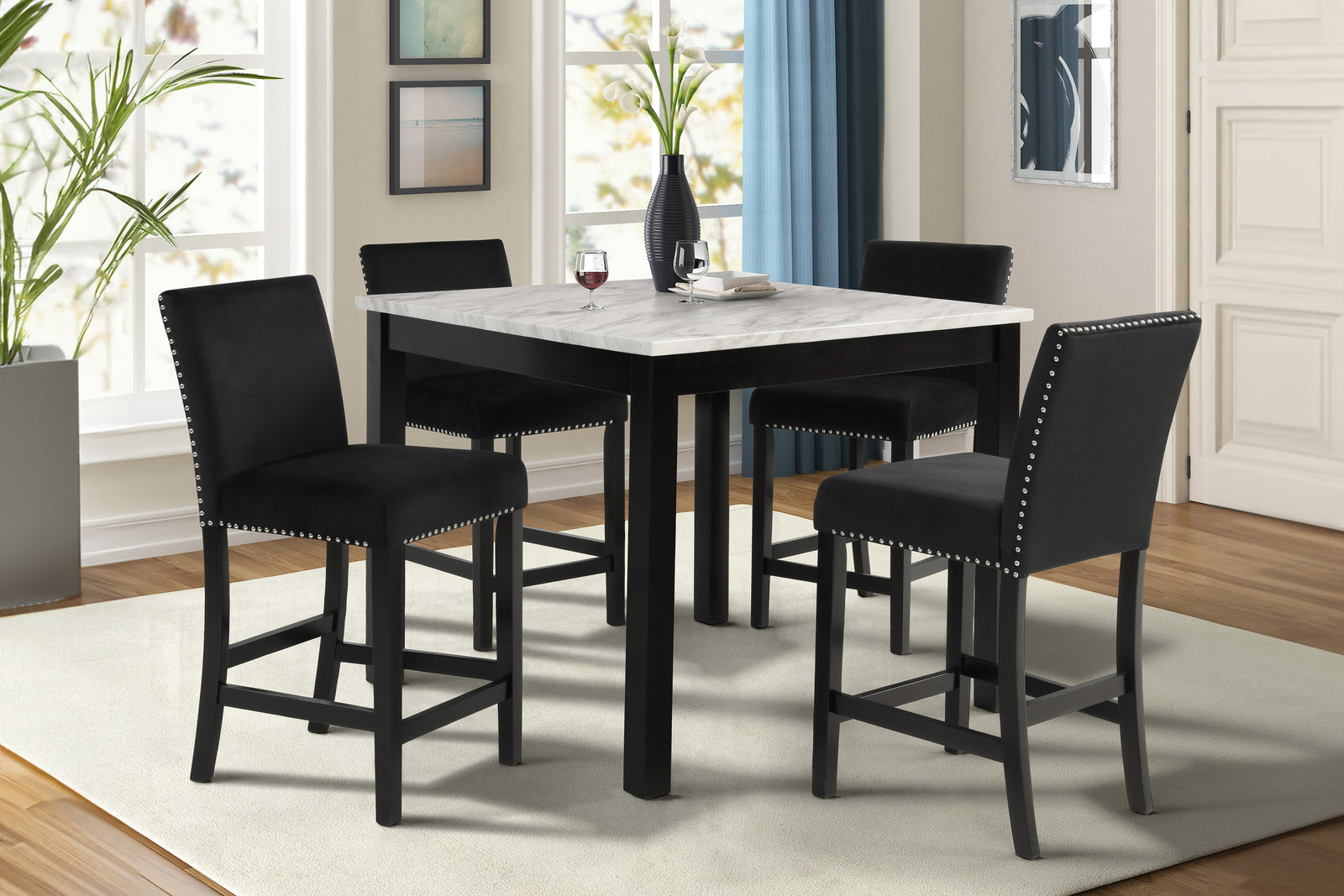 Celeste 5pc 42" Marble Finish Counter Table & 4 Chairs-Black