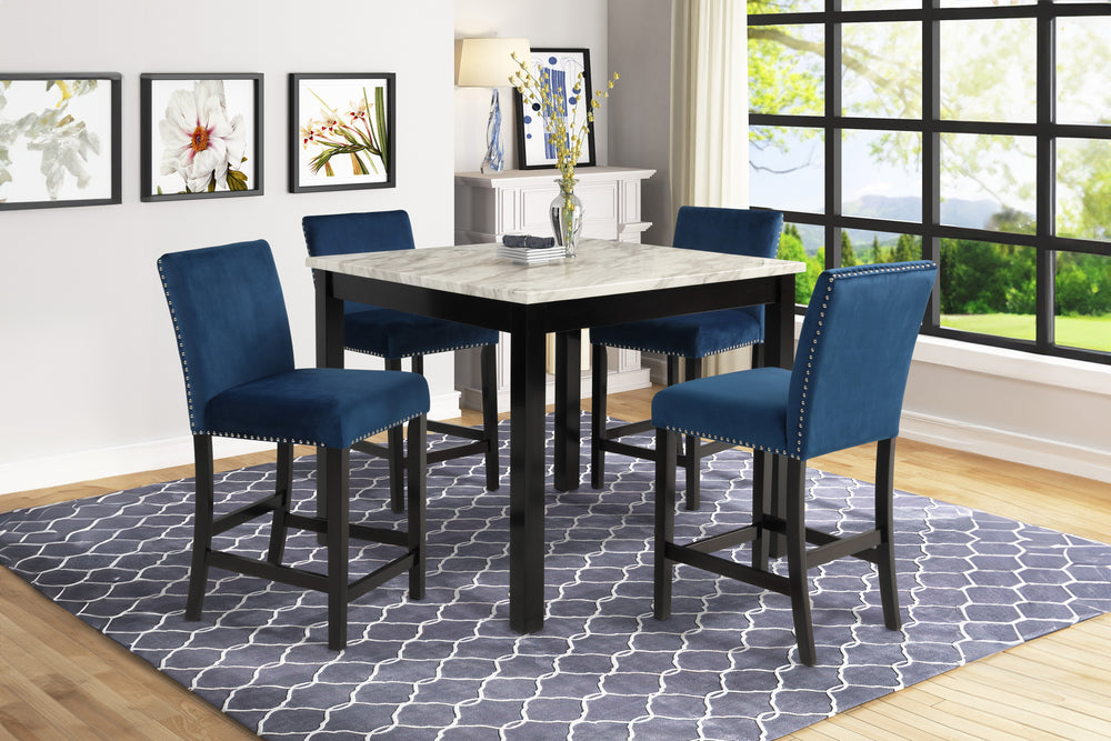 Celeste 5pc 42" Marble Finish Counter Table & 4 Chairs-Blue