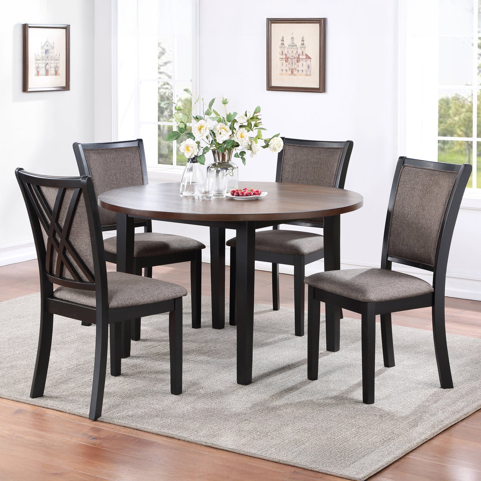 Potomac 48" Round Dining Table & 4 Chairs-Brown/black