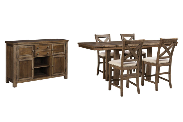 Moriville Counter Height Dining Table, 4 Barstools and Server - Grayish Brown (1)