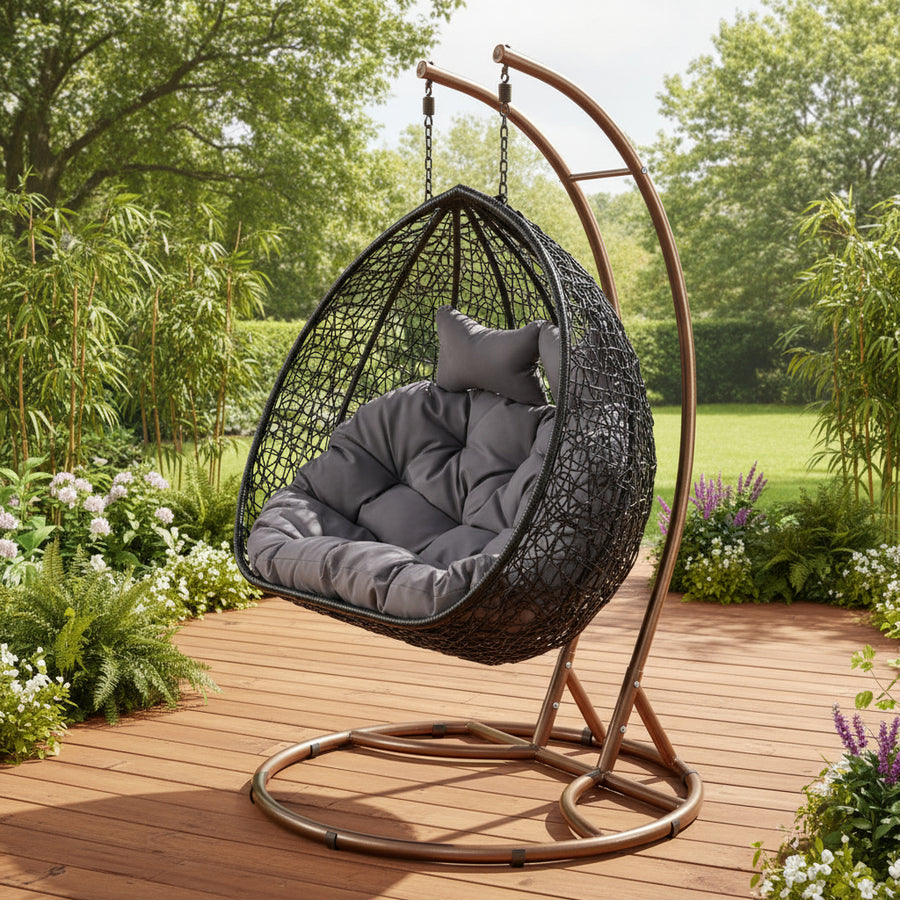 Double Seater Brown Hanging Basket with Gray Cushion