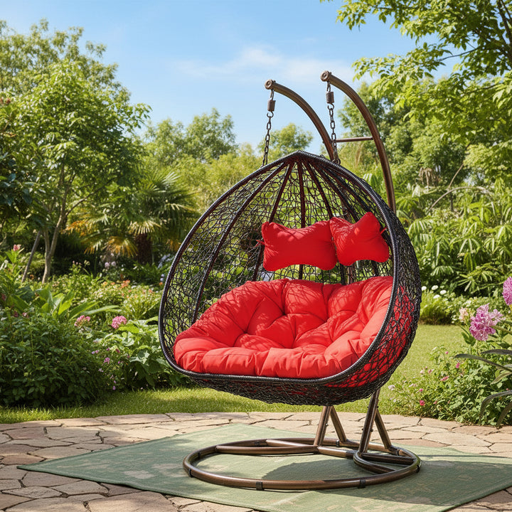 Double Seater Brown Hanging Basket with Red Cushion