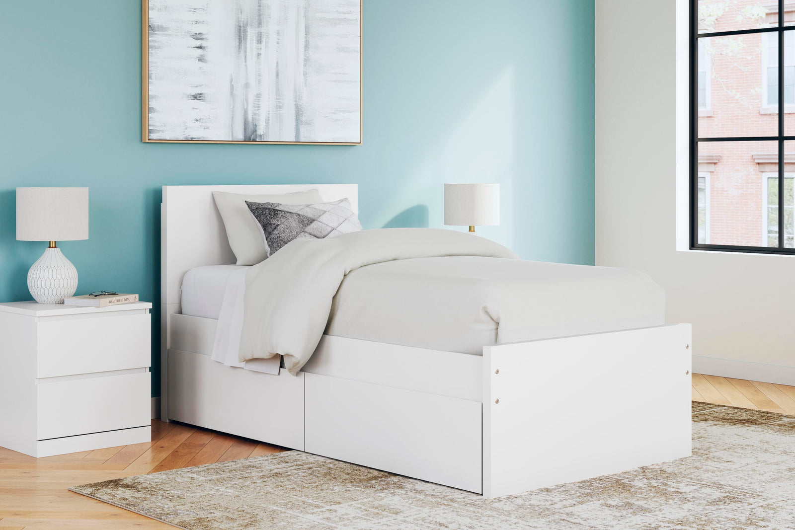Onita Twin Panel Platform Bed with 1 Side Storage - White (2)