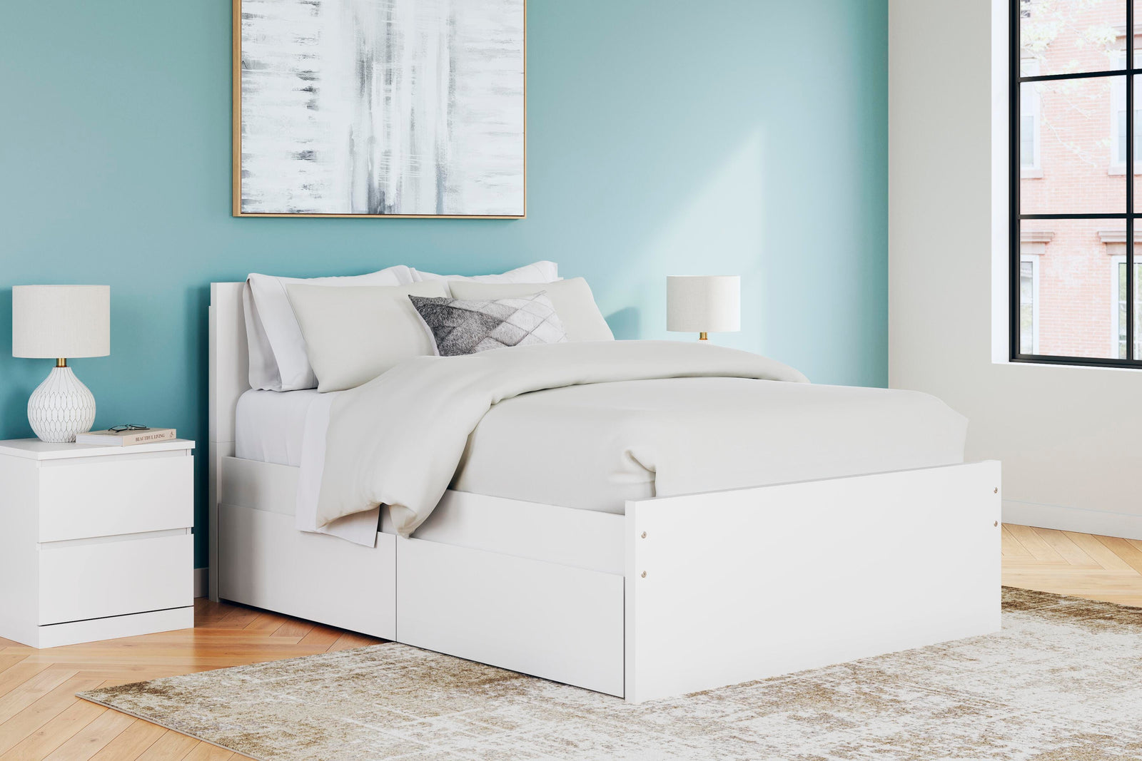 Onita Full Panel Platform Bed with 2 Side Storage - White (2)