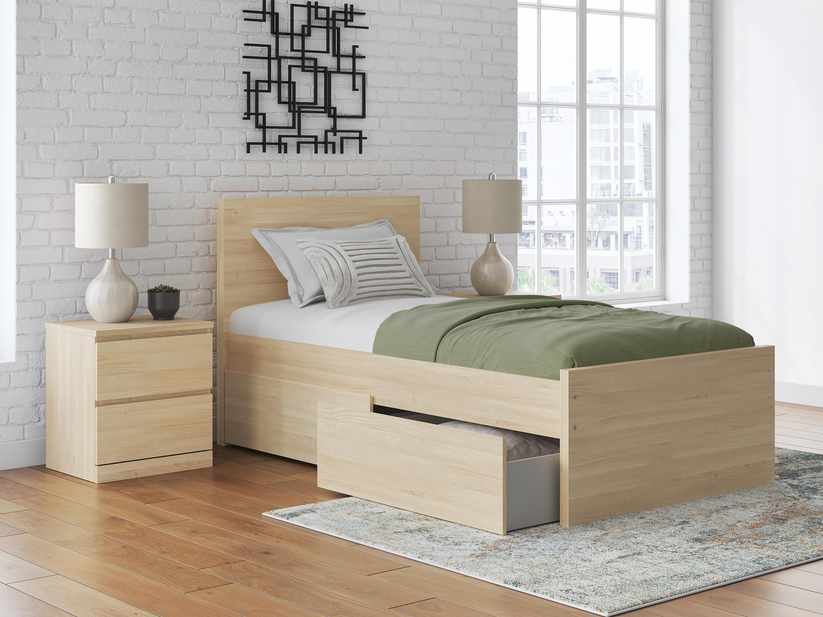 Onita Twin Panel Platform Bed with 1 Side Storage - Light Brown (2)