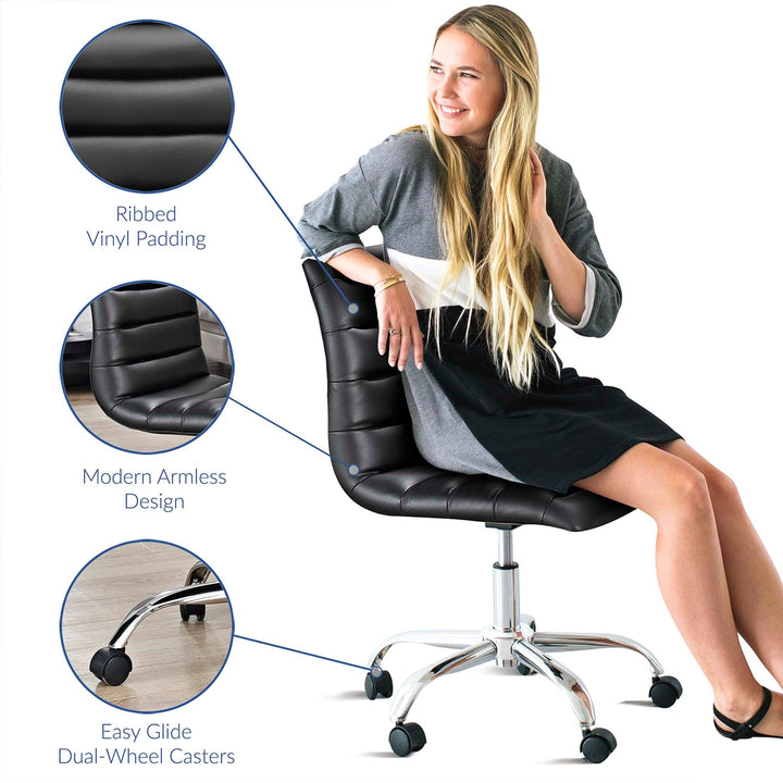 Ripple Armless Mid Back Vinyl Office Chair in Black - detail view