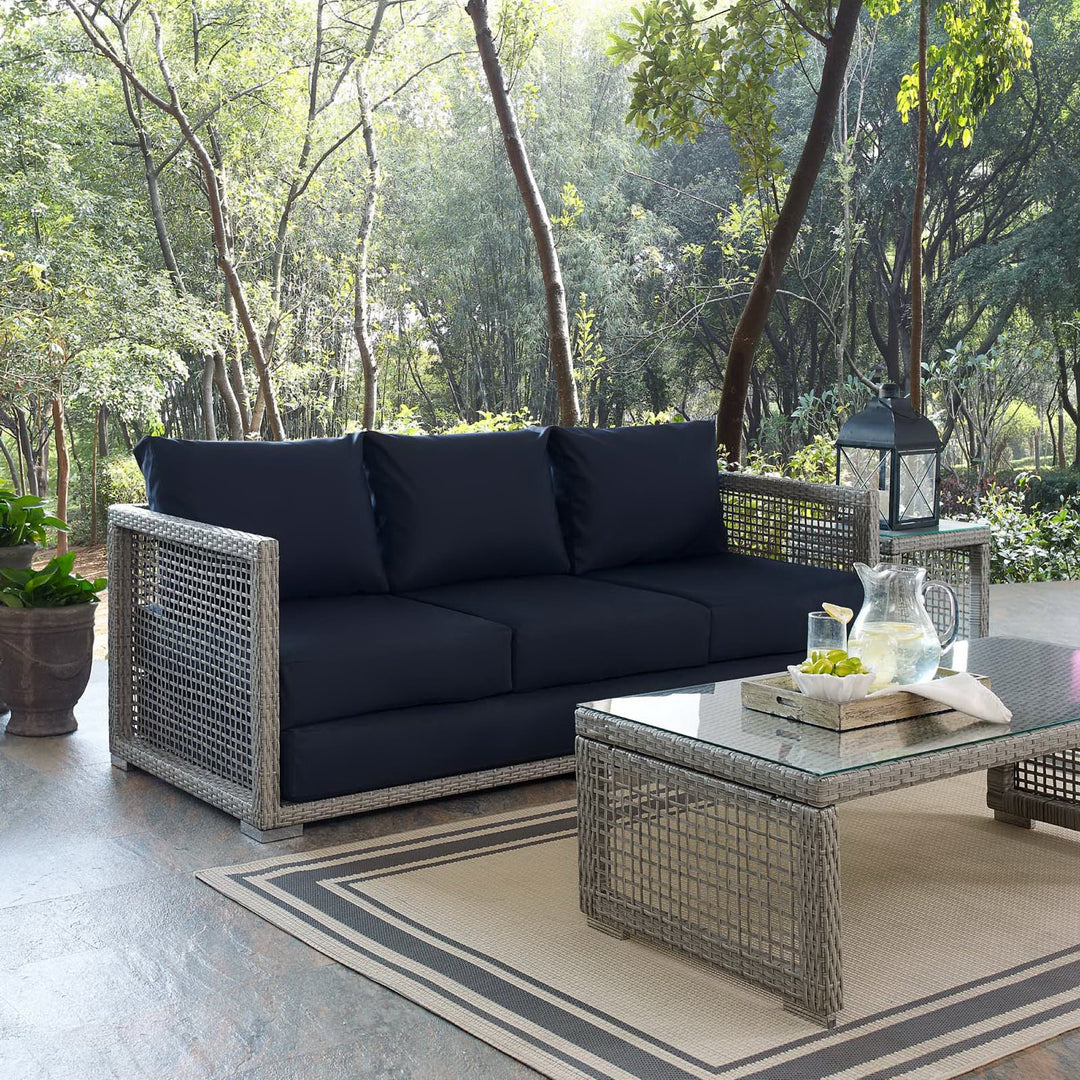 Aura Outdoor Patio Wicker Rattan Sofa in Gray Navy