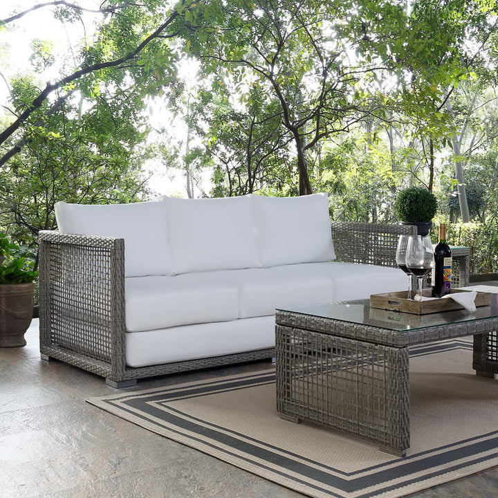Aura Outdoor Patio Wicker Rattan Sofa in Gray White