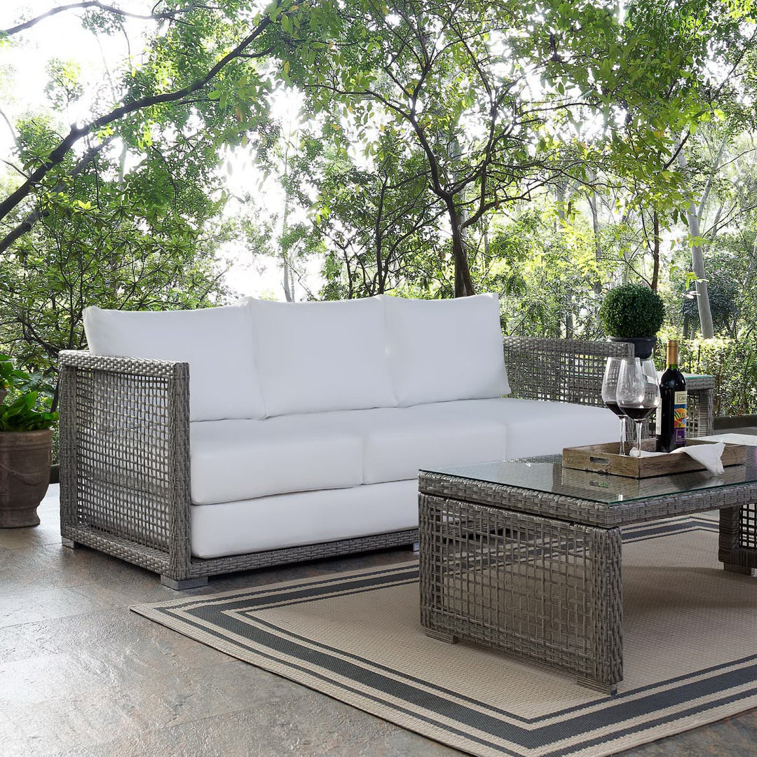 Aura Outdoor Patio Wicker Rattan Sofa in Gray White